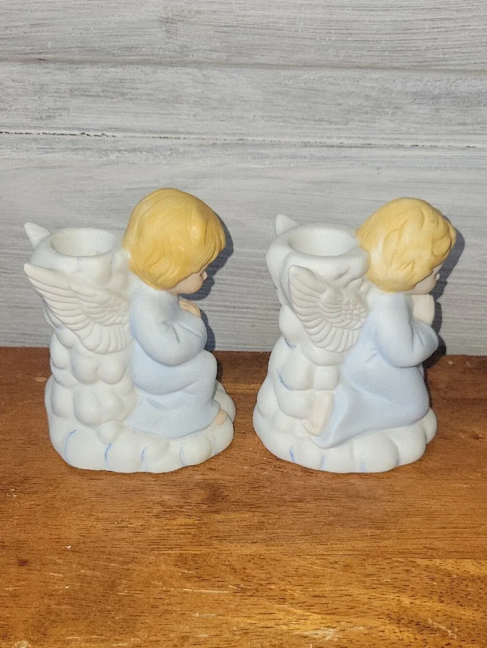 Porcelain Praying Angel Figurines Pair in Light Blue Candle Holders
